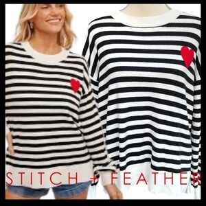 Stitch & Feather Black/White Stripe with Heart Oversized Crew Neck Sweater (M)